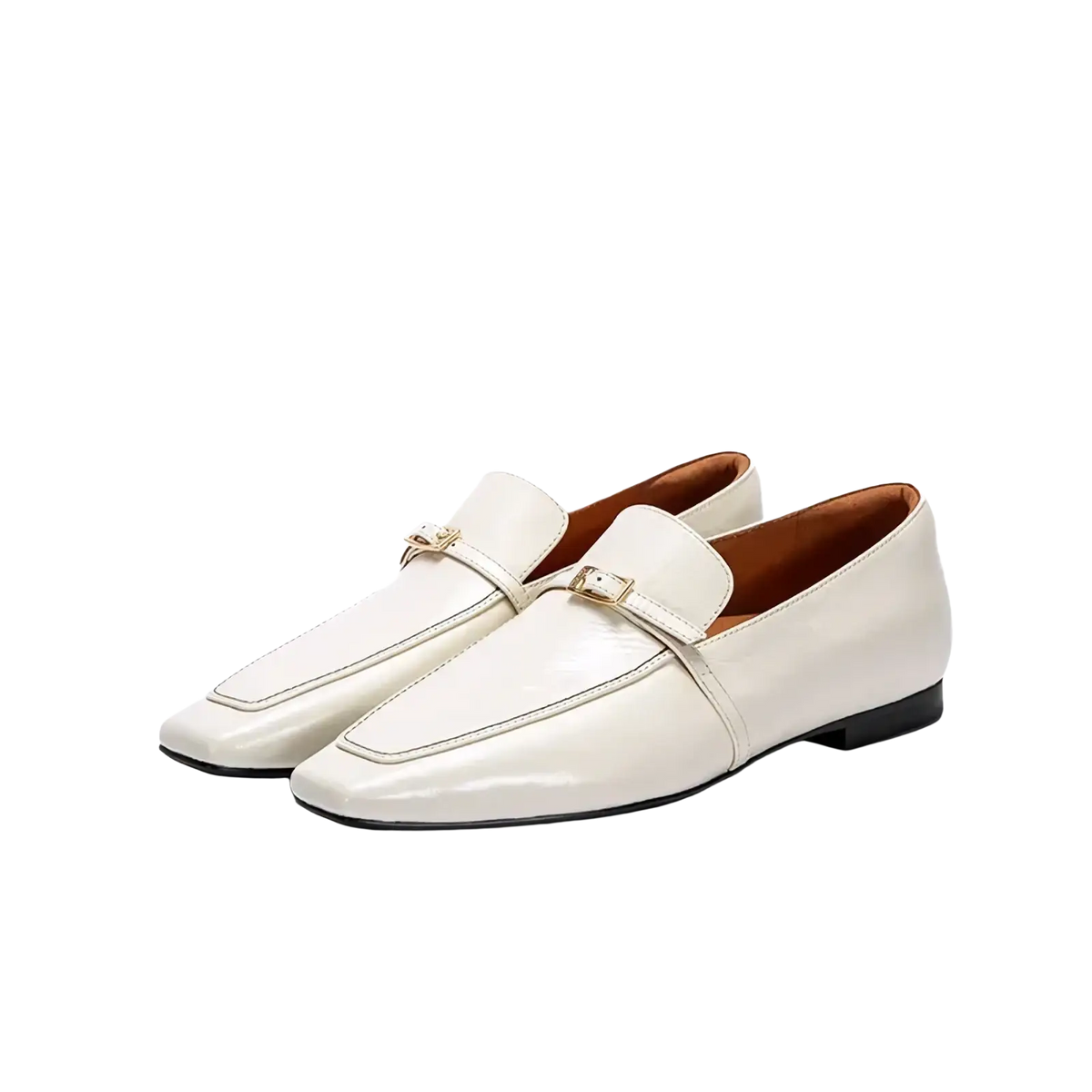 Cream-colored patent leather square toe loafers with gold-tone buckle accents for a stylish formal look