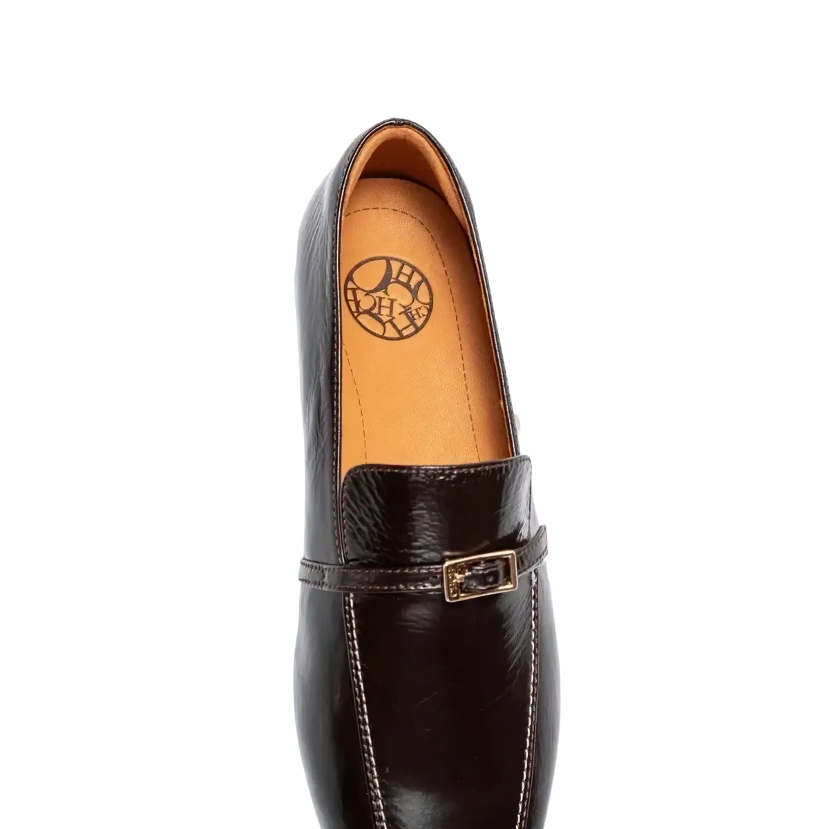 Square toe leather loafers in dark brown with a gold-toned rectangular buckle and contrasting stitching