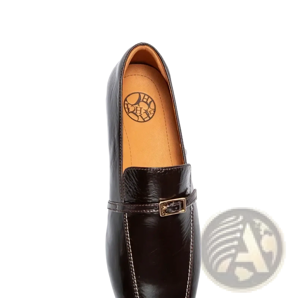 Square toe leather loafers in dark brown with a gold-toned rectangular buckle and contrasting stitching
