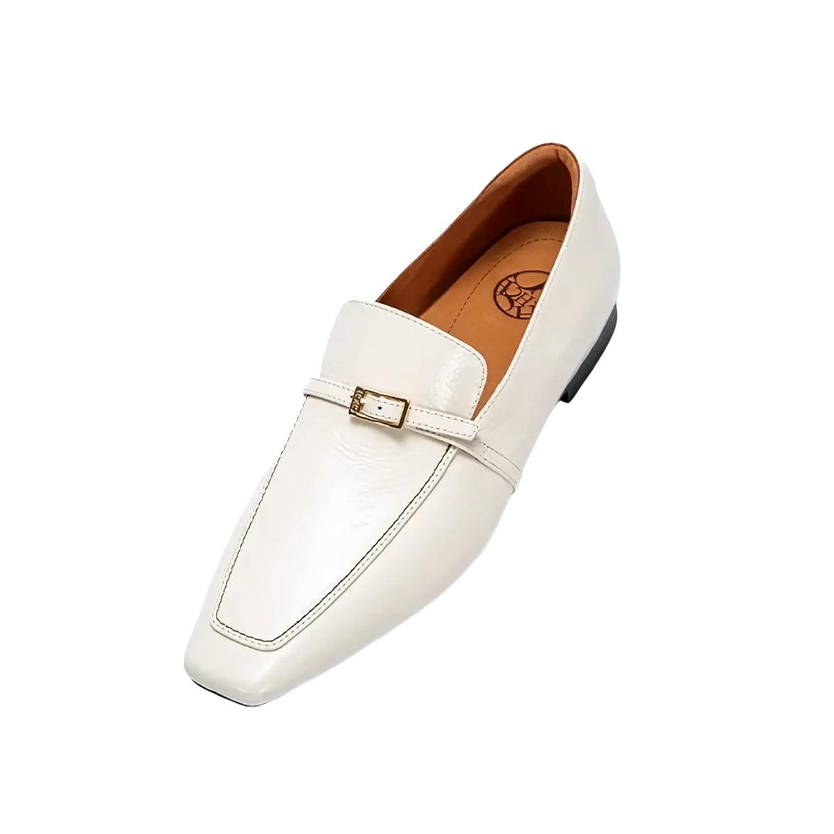 White patent leather square toe loafers featuring a gold tone buckle for a stylish formal look