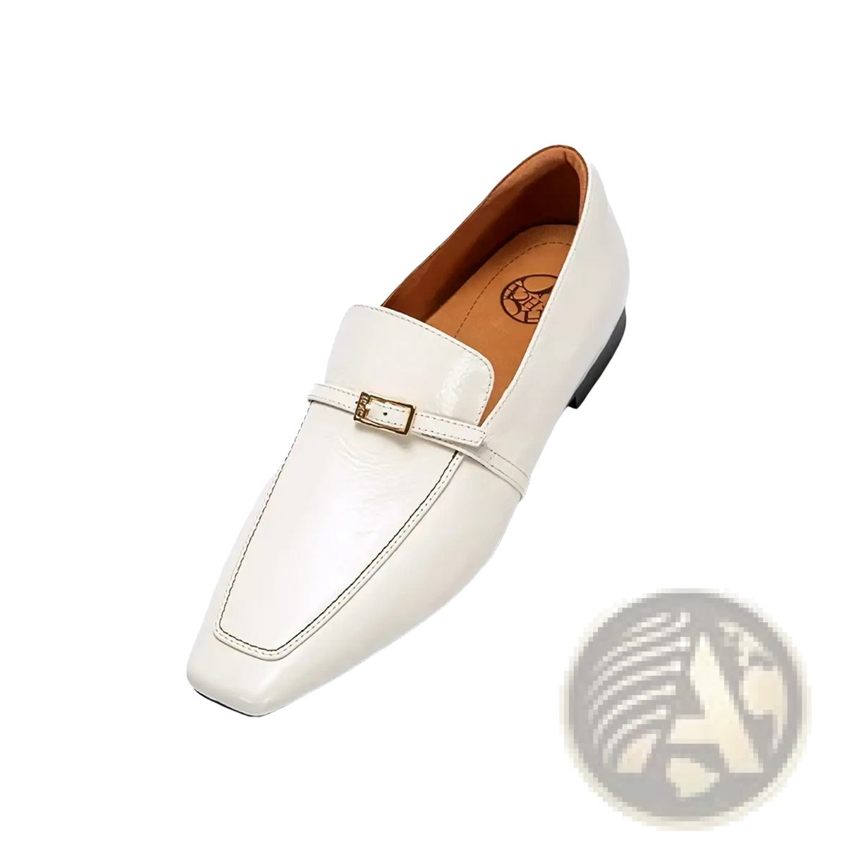 White patent leather square toe loafers featuring a gold tone buckle for a stylish formal look