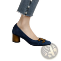 Navy blue suede square toe leather pump with gold-toned metal buckle and wooden block heel