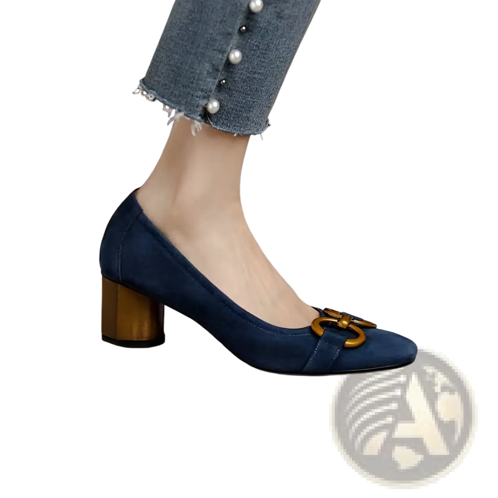 Navy blue suede square toe leather pump with gold-toned metal buckle and wooden block heel