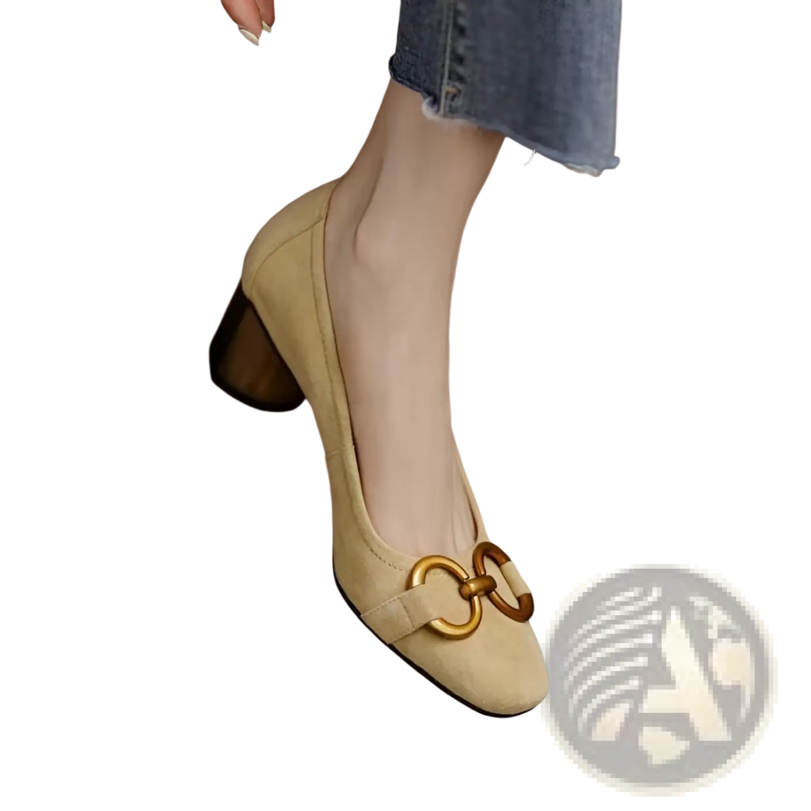 Beige suede square toe leather pump with gold-toned double-ring buckle detail on the front side