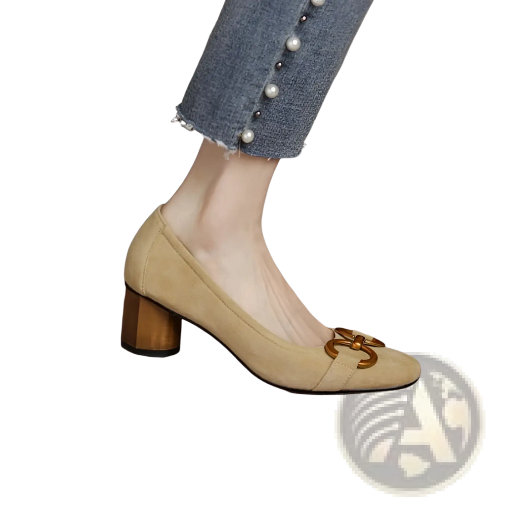 Beige suede square toe leather pump with gold-toned metal buckle and wooden block heel