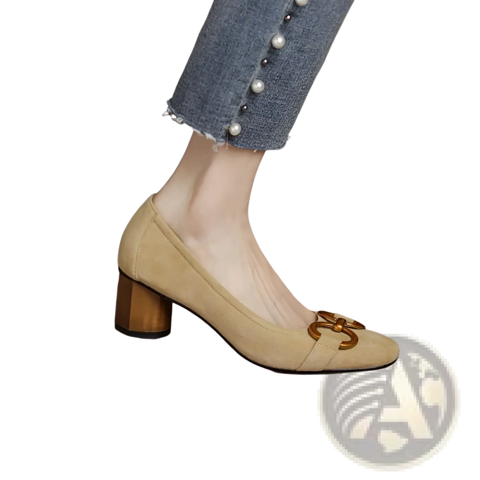 Beige suede square toe leather pump with gold-toned metal buckle and wooden block heel