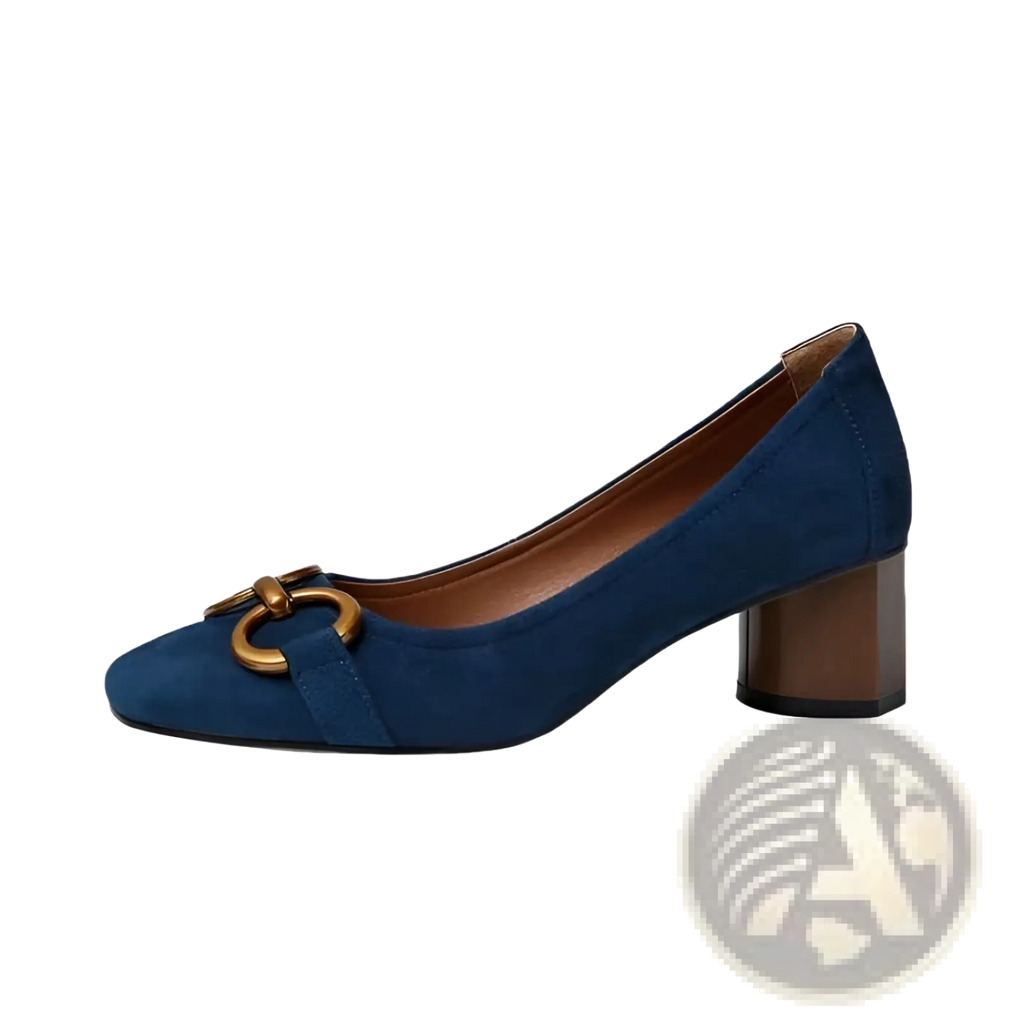Navy blue suede square toe leather pumps with gold-toned circular buckle and block heel detail