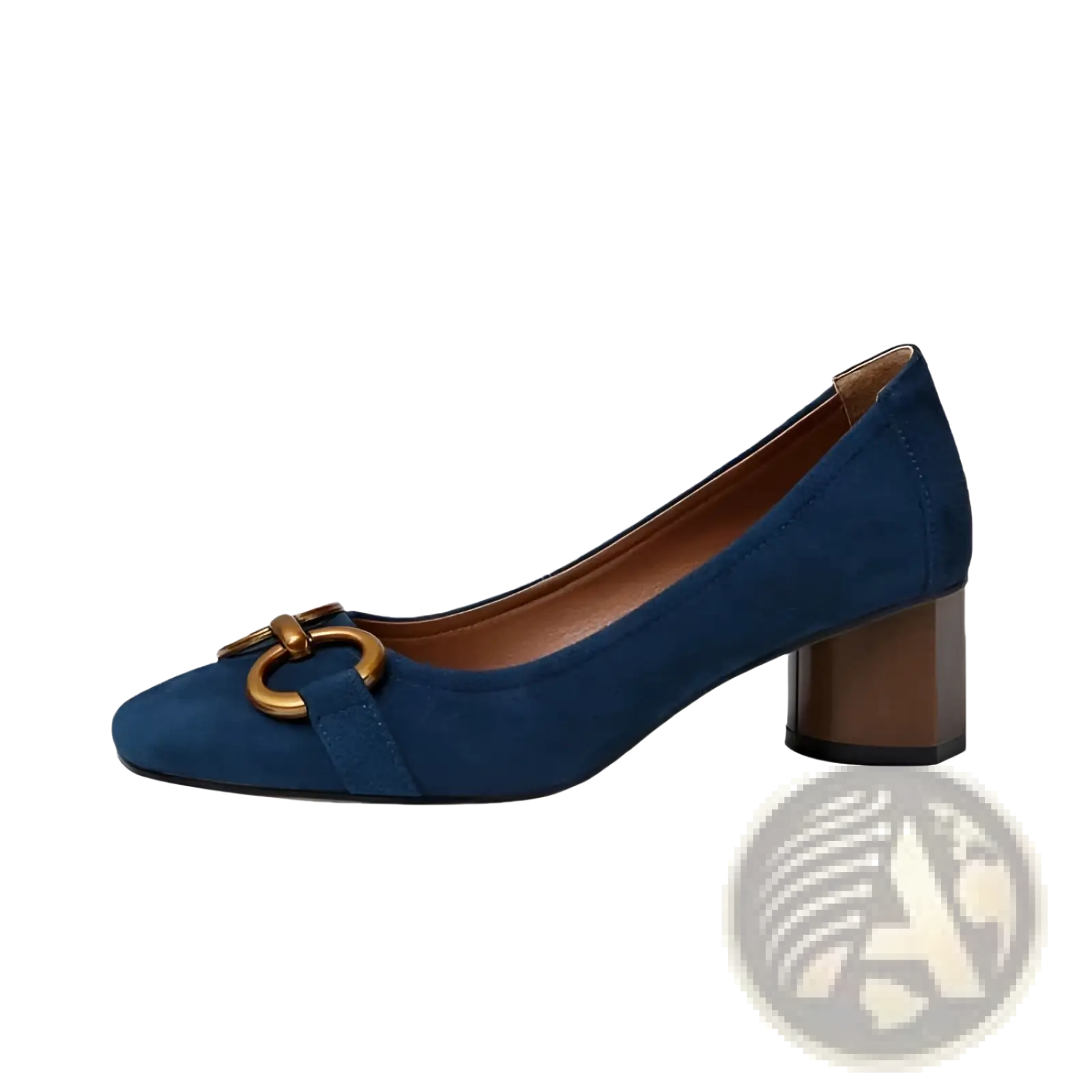 Navy blue suede square toe leather pumps with gold-toned circular buckle and block heel detail