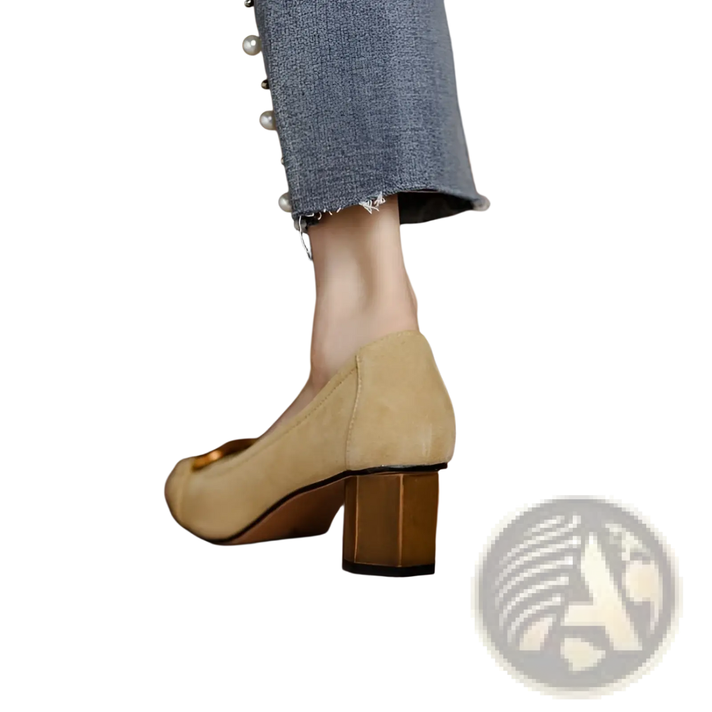 Square toe tan suede leather pumps with gold-toned block heel and small metallic clasp on the vamp
