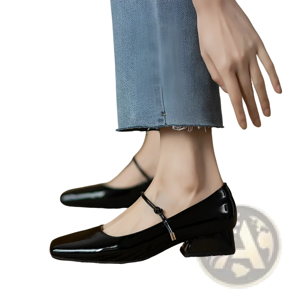 Black patent leather mary jane flats with square toe and low block heel for elegant everyday wear