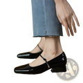 Black patent leather mary jane flats with square toe and low block heel for elegant everyday wear