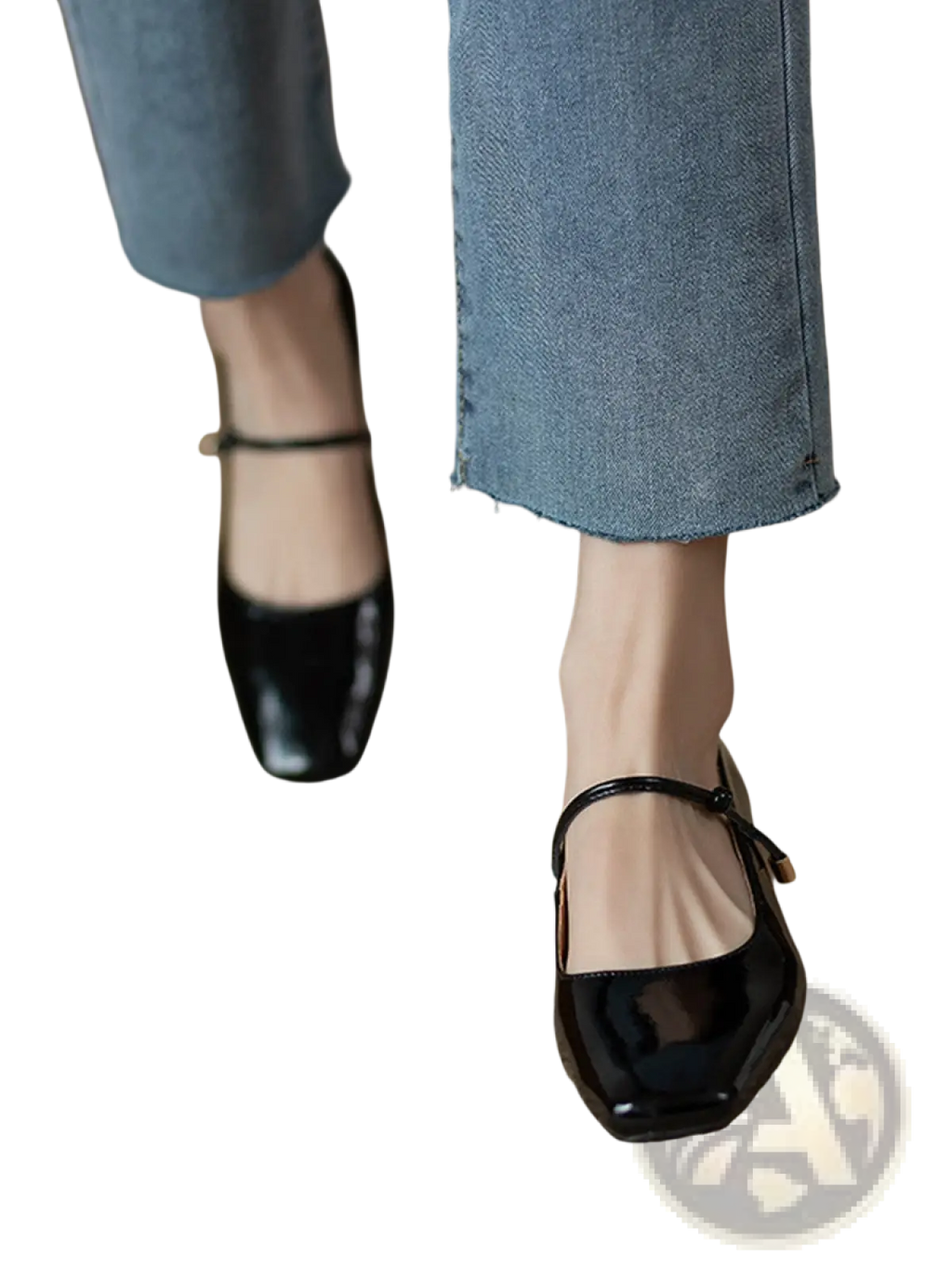 Black patent leather square toe mary jane flats with thin ankle strap and small gold tone buckle