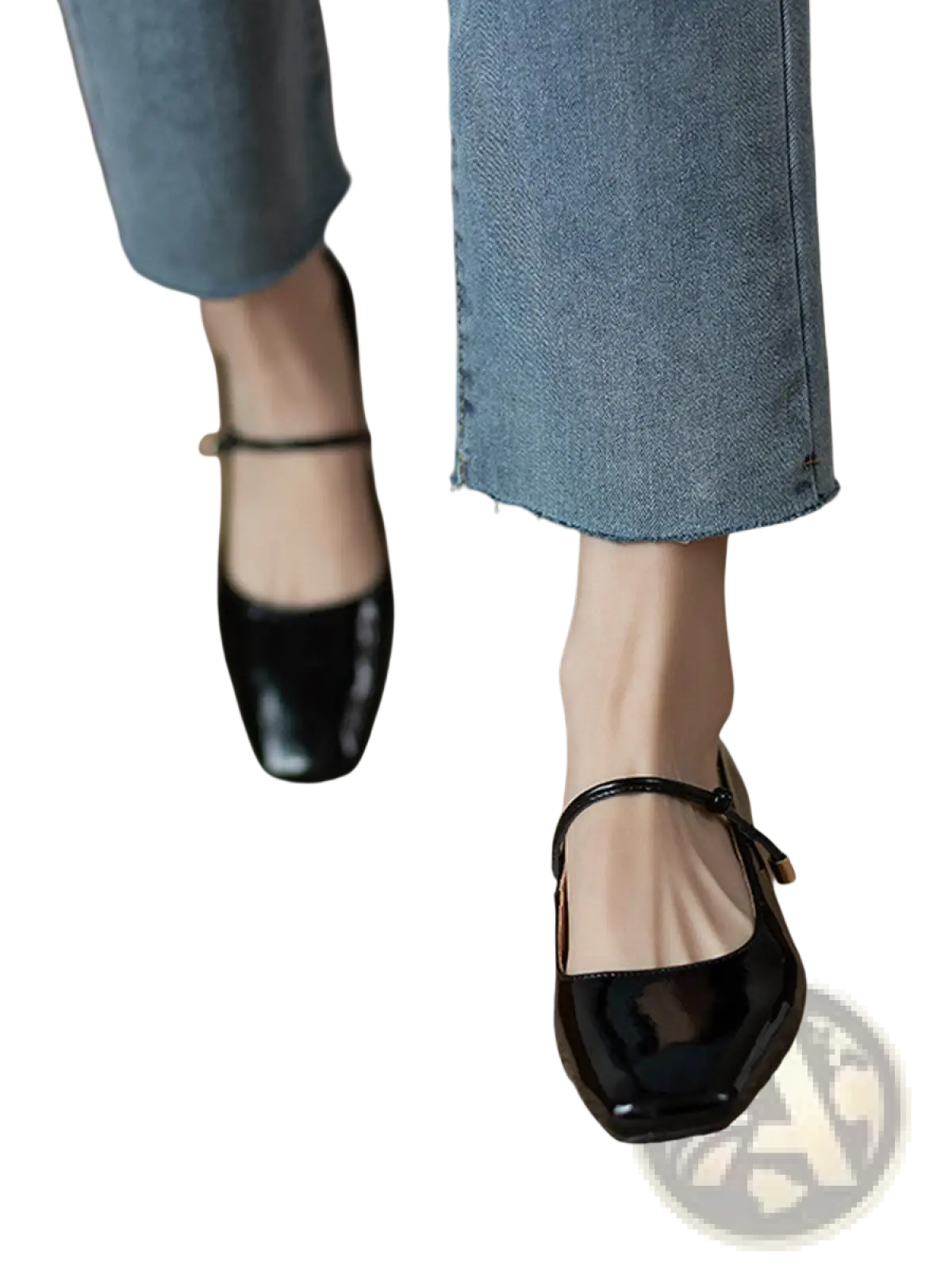 Black patent leather square toe mary jane flats with thin ankle strap and small gold tone buckle