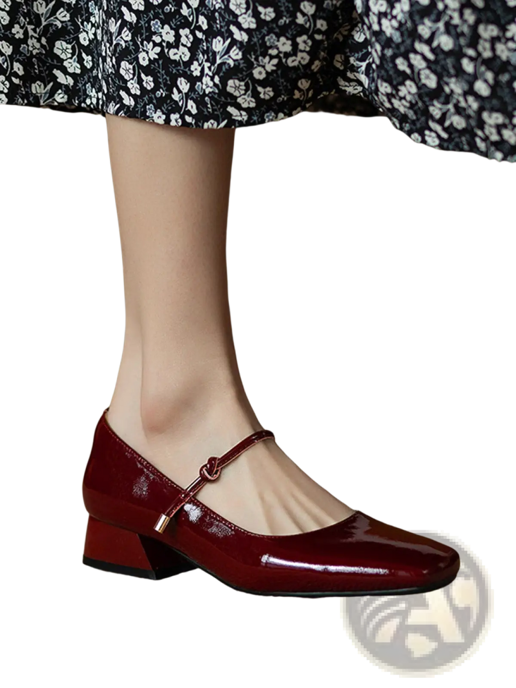 Square toe mary jane patent leather block heels in burgundy with low heel and gold-tone buckle strap