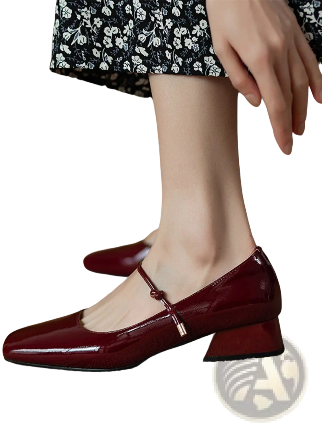 Burgundy patent leather square toe mary jane flats with a low block heel for stylish and comfortable wear