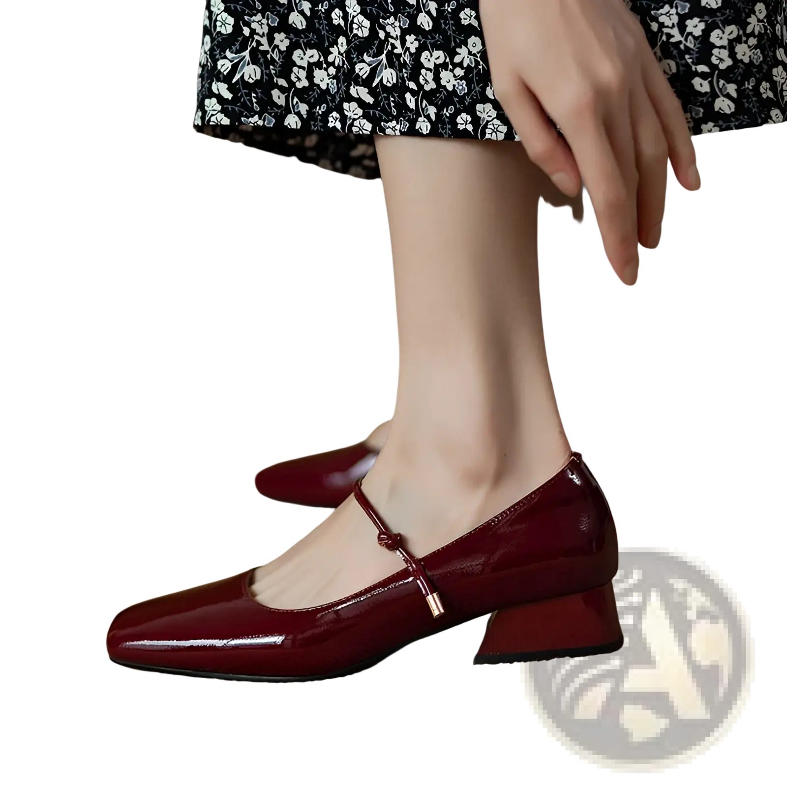 Burgundy patent leather mary jane block heels with square toe and low heel for stylish formal wear