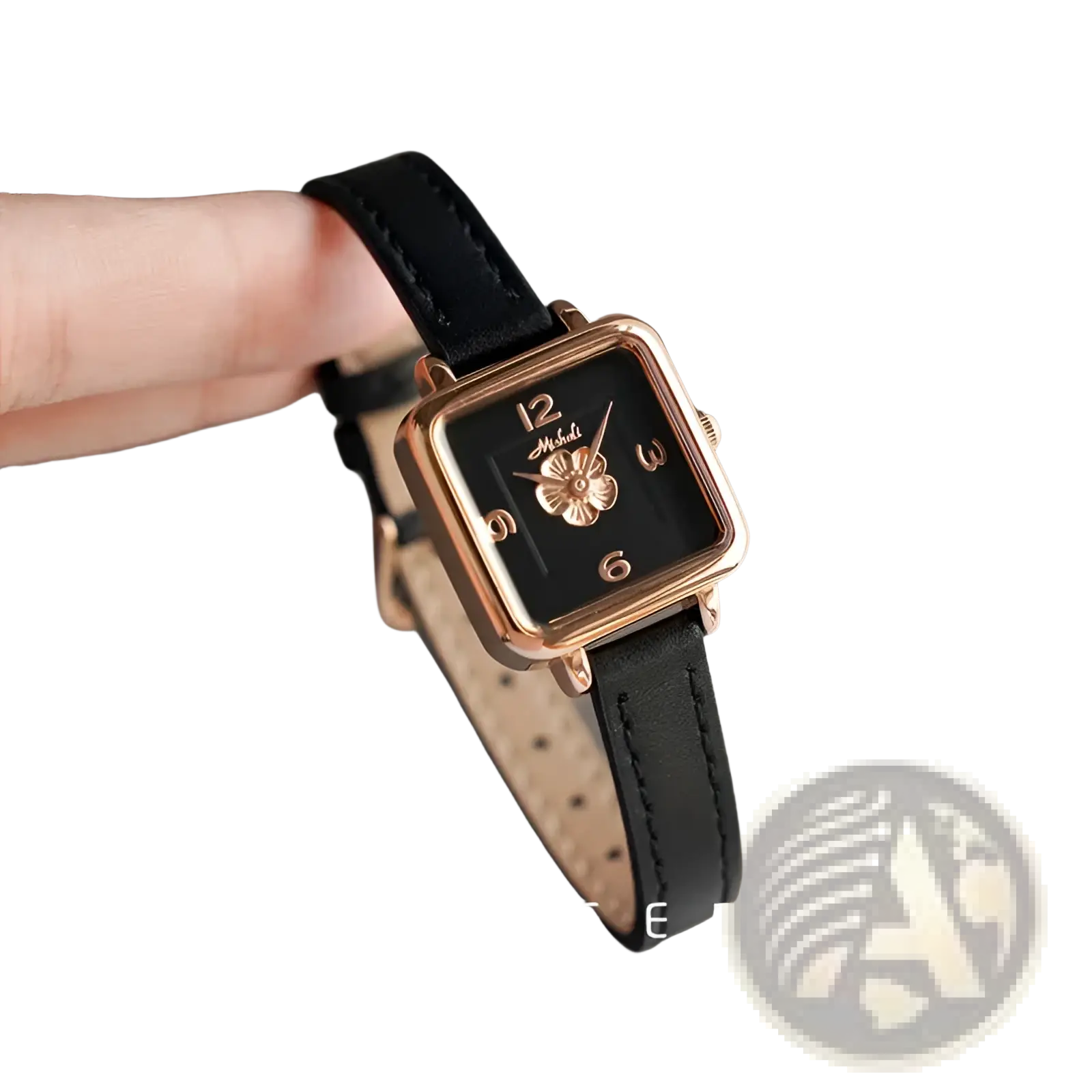 A delicate square women quartz watch with rose gold case, burgundy leather strap, and floral design on dark dial