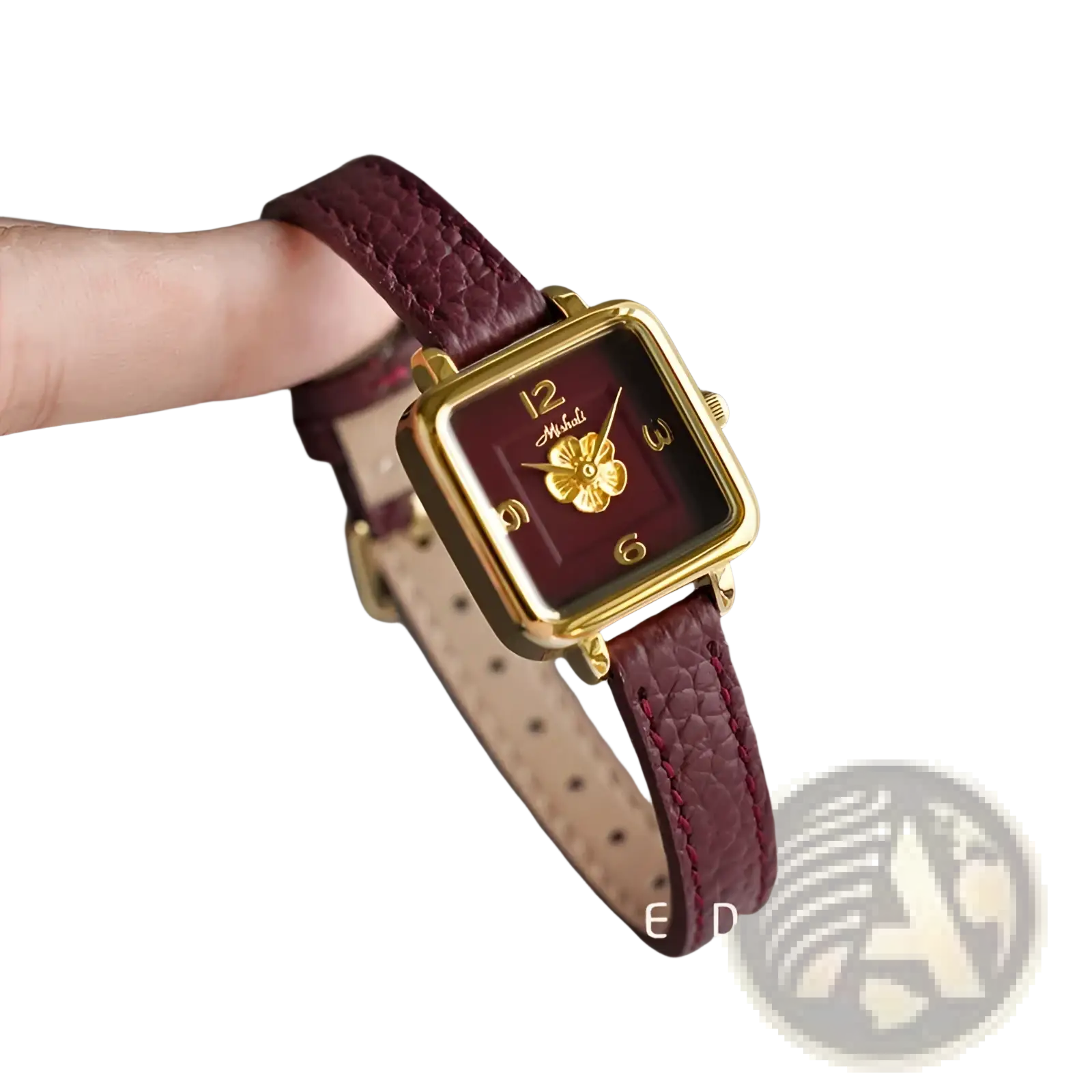 Square women quartz watch with gold-tone case, burgundy leather strap, and maroon dial with gold floral motif