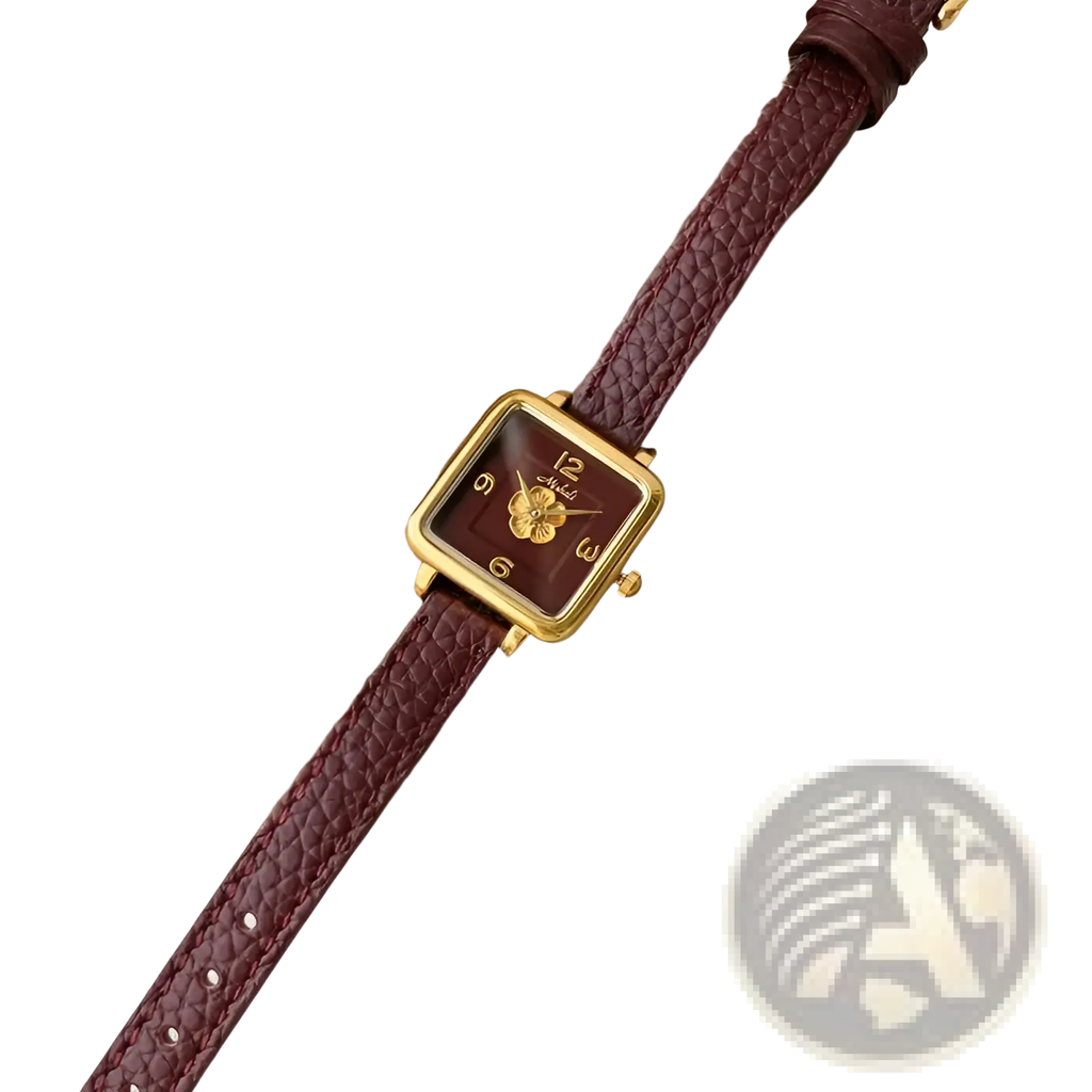 Square women quartz watch with gold-tone case, burgundy textured leather strap, dark brown dial, and gold floral design