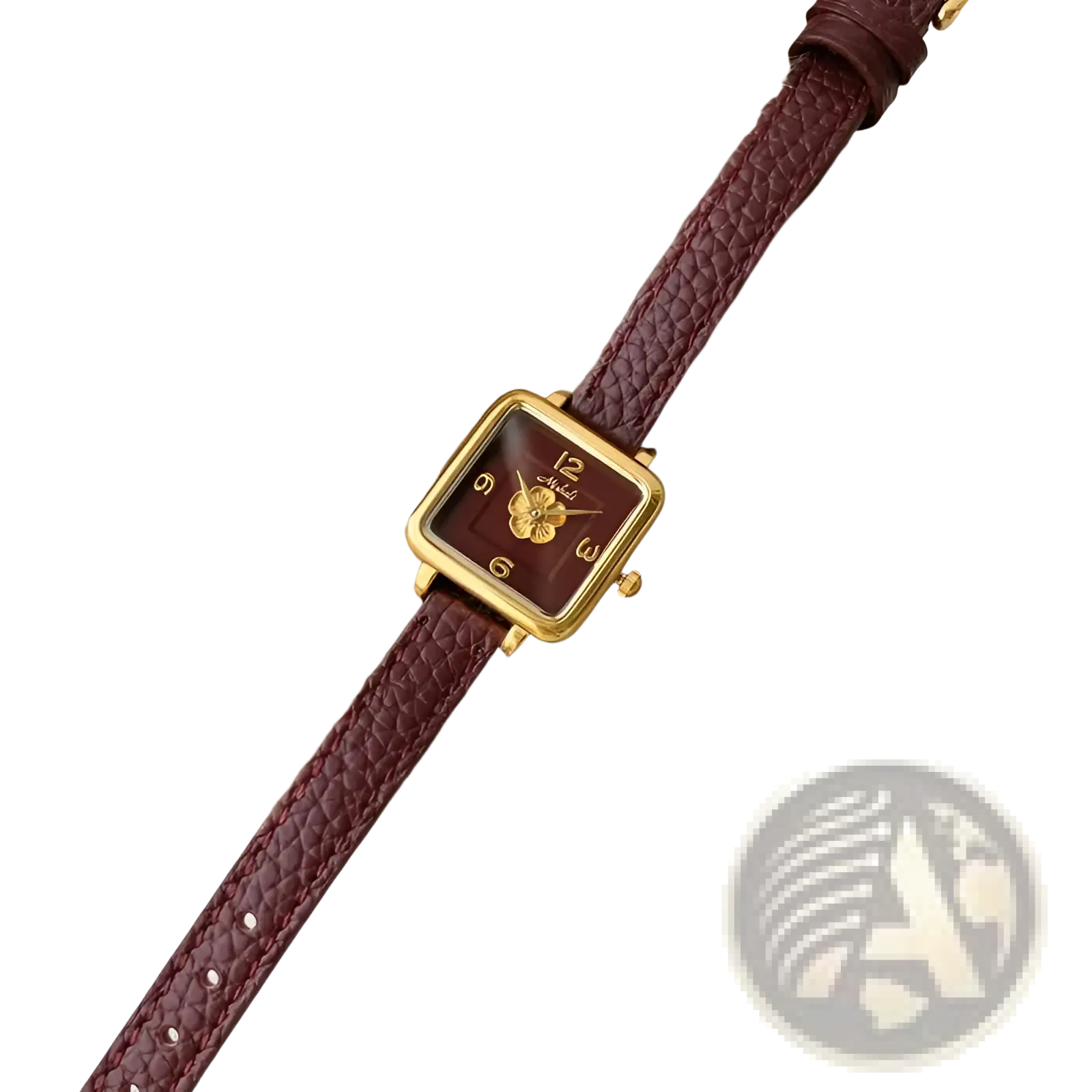 Square women quartz watch with gold-tone case, burgundy textured leather strap, dark brown dial, and gold floral design