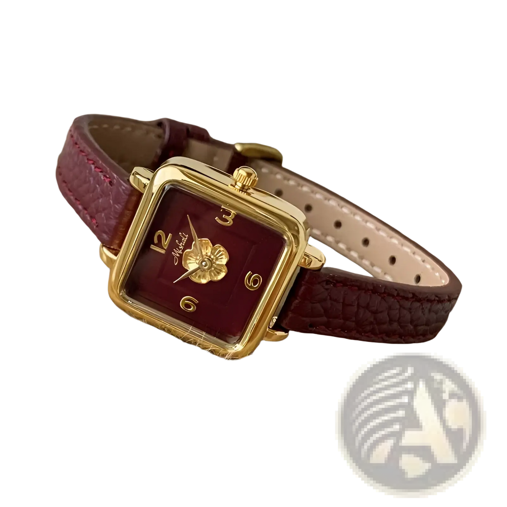 Square women quartz watch with gold-toned case, burgundy leather strap, and floral design on the face