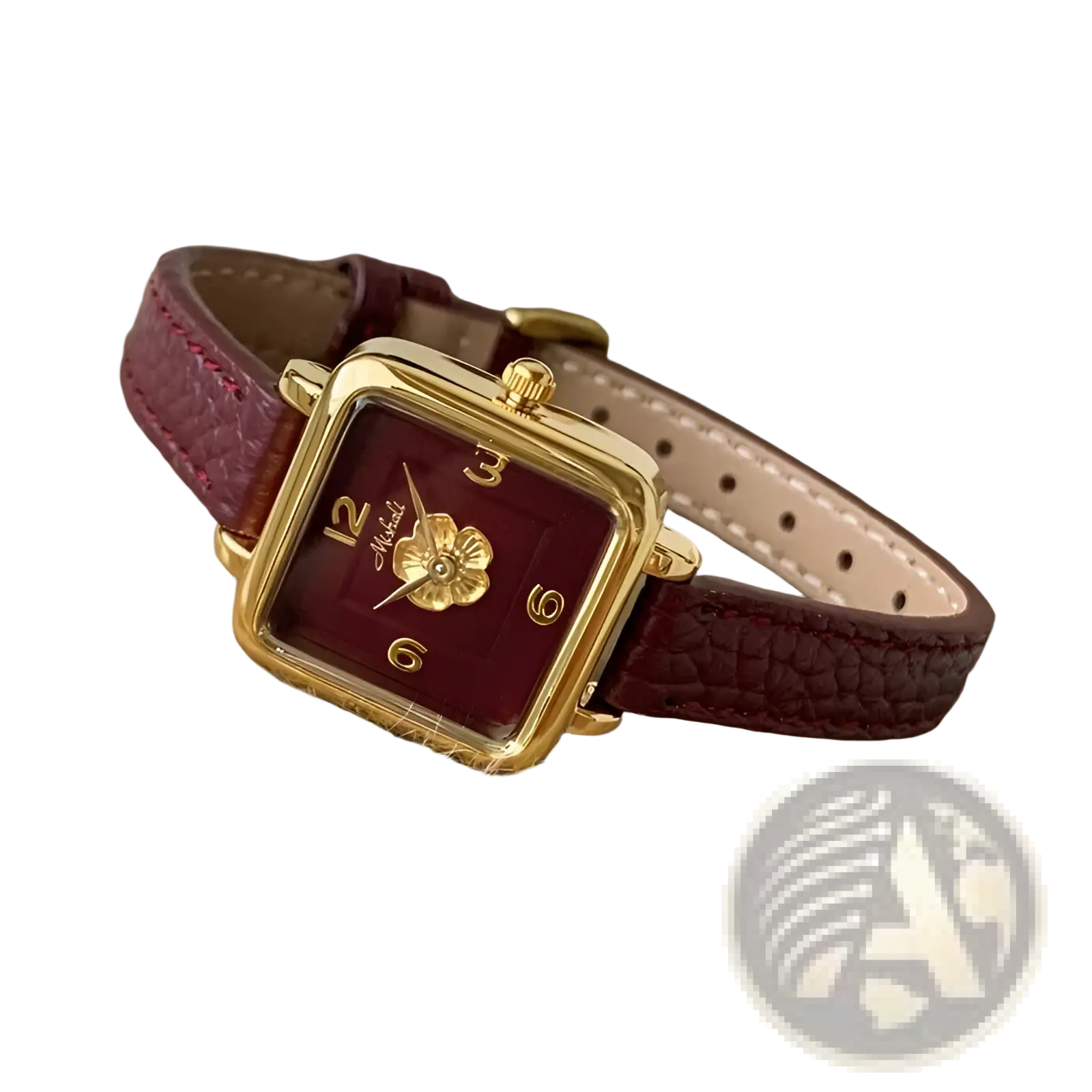 Square women quartz watch with gold-toned case, burgundy leather strap, and floral design on the face
