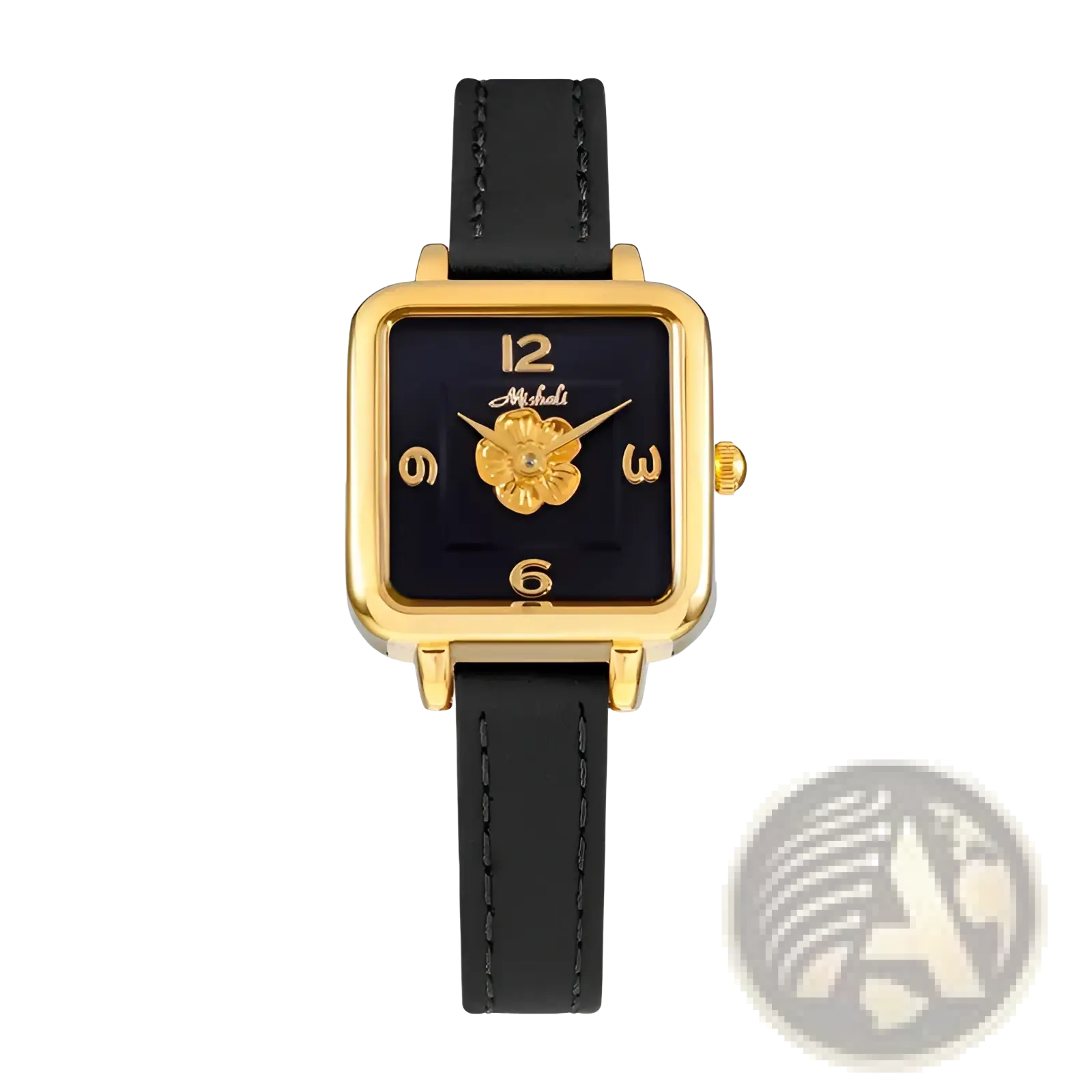 Gold-toned square women quartz watch with black leather strap navy dial gold hour markers and ornate floral centerpiece