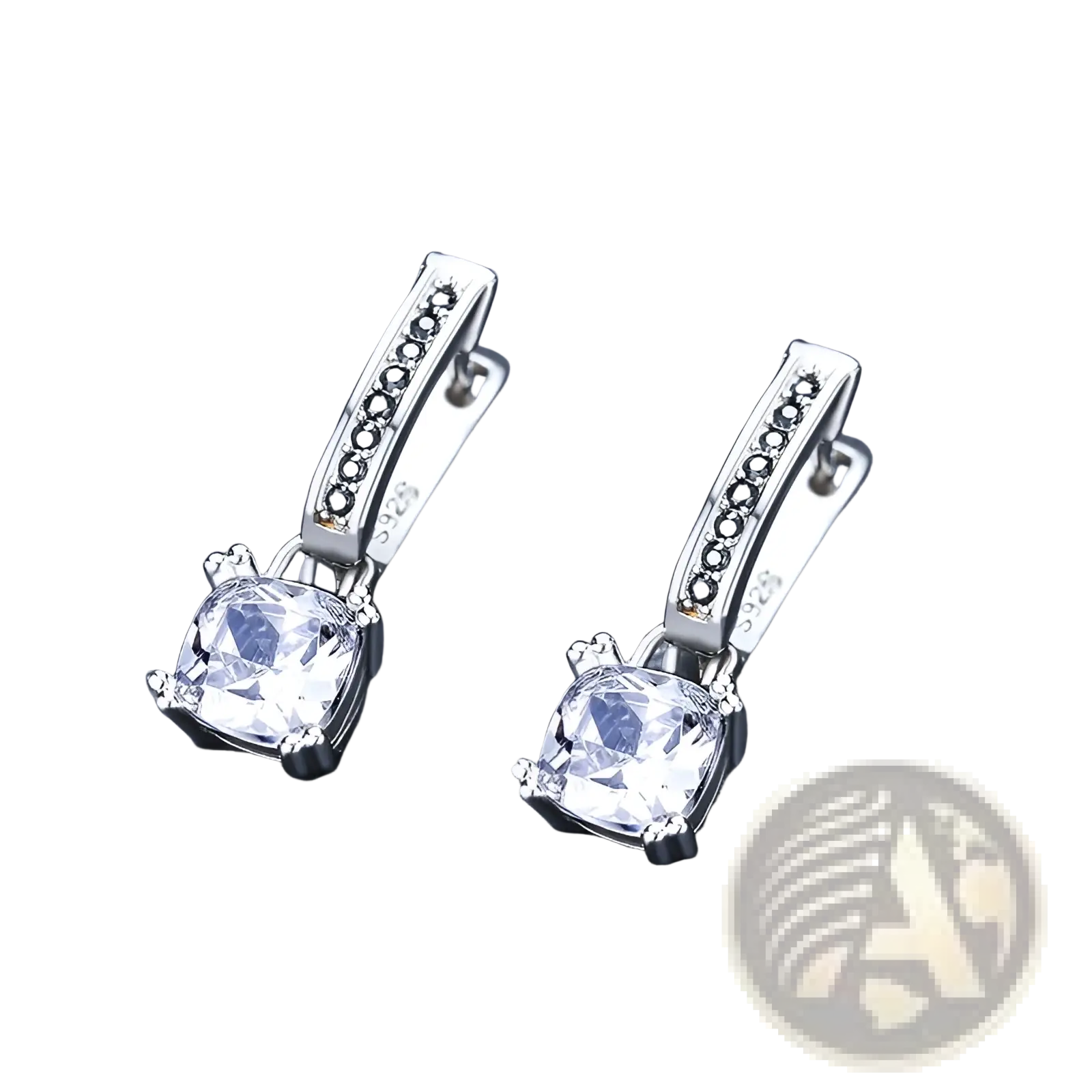 Silver drop earrings featuring a clear cubic zirconia stone and black diamond accents on a silver hoop design