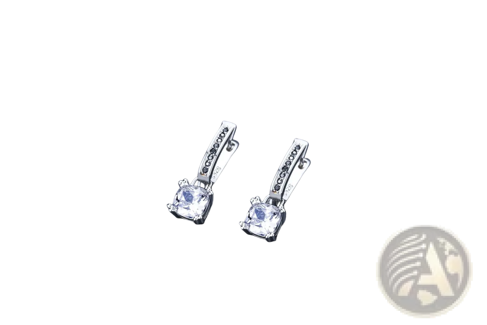 Square zircon and black diamond silver drop earrings with a clear cubic zirconia and small black stones on silver hooks