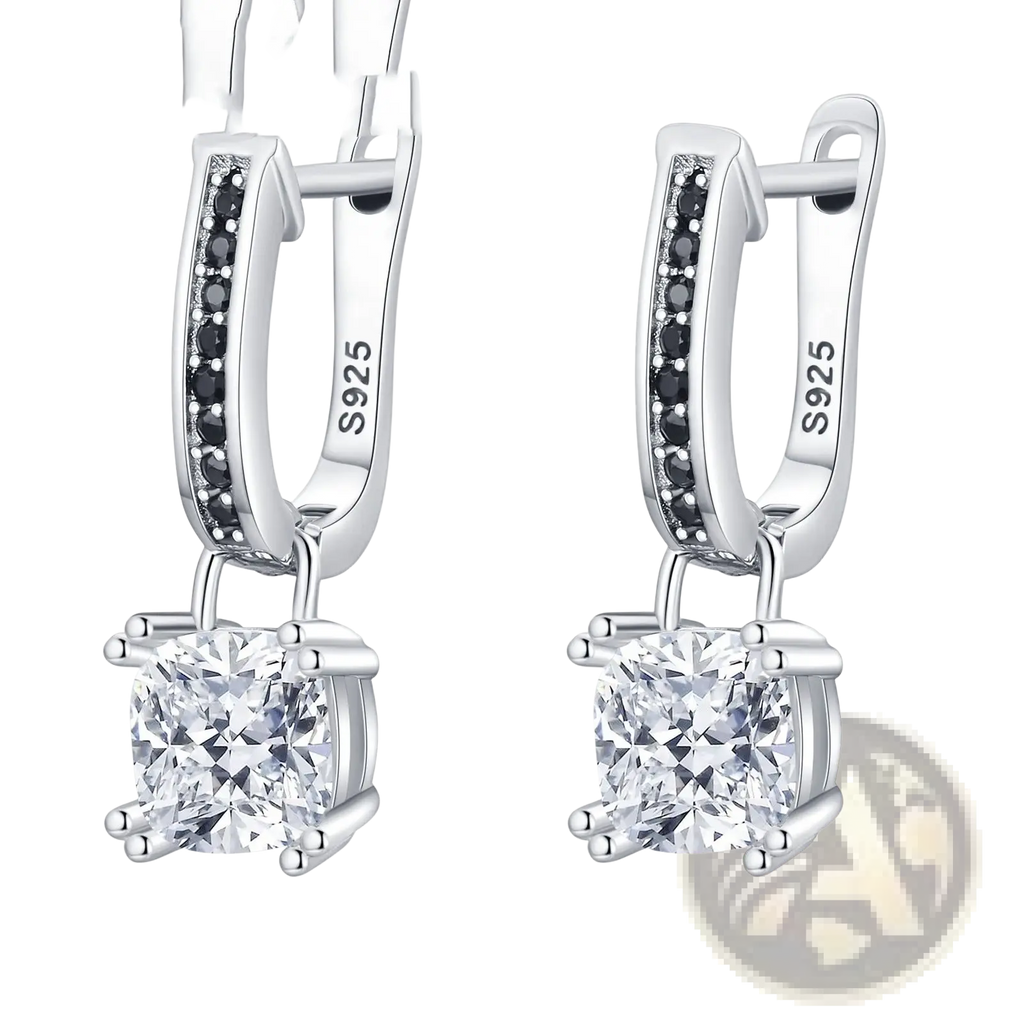 Silver drop earrings featuring black diamond row and square-cut clear zircon gemstone marked s925