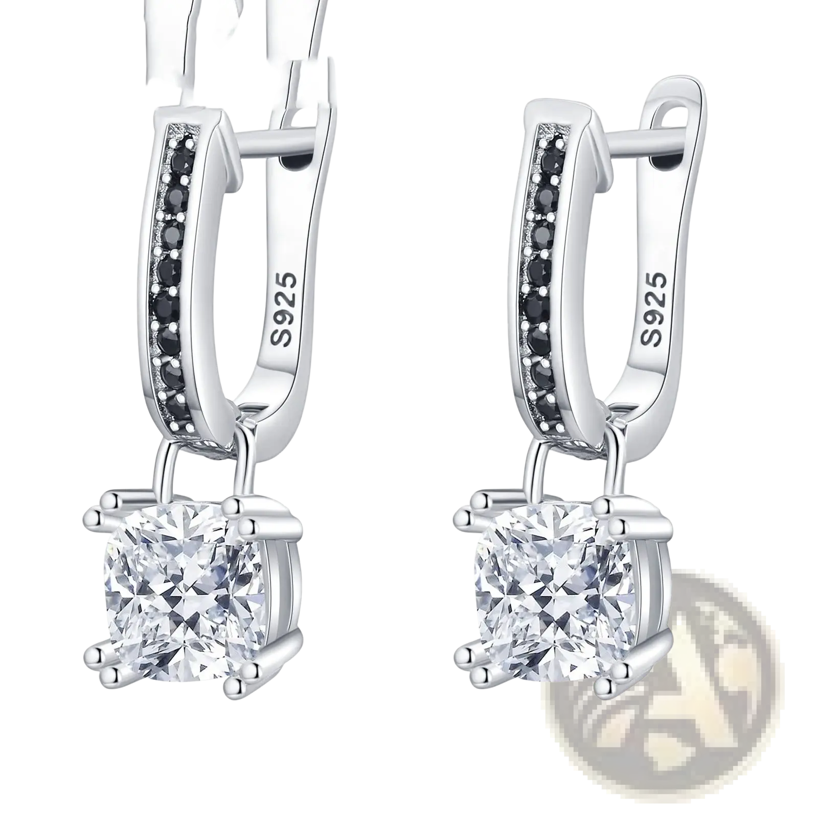 Silver drop earrings featuring black diamond row and square-cut clear zircon gemstone marked s925