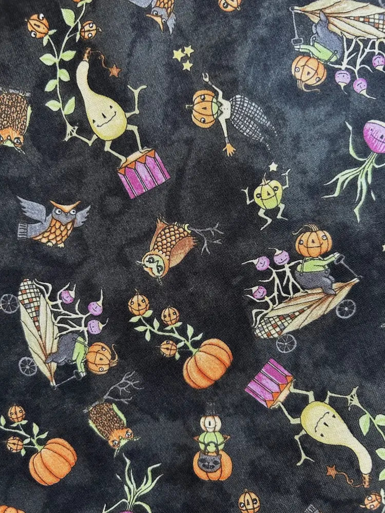 Dark fabric of squash print halloween retro pleated doris skirt with pockets featuring whimsical pumpkin owl and gourd pattern
