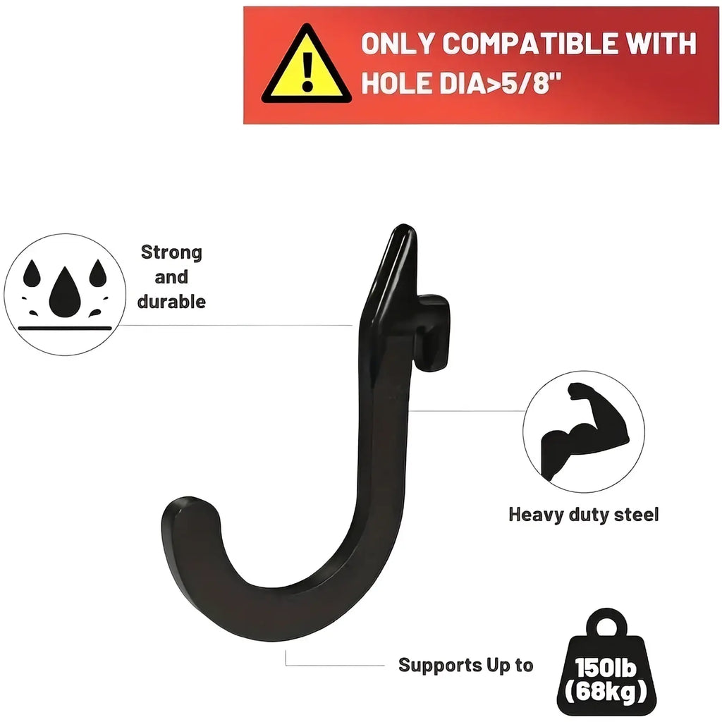 Black heavy-duty steel squat rack barbell storage holder hook designed for durable support up to 150 pounds