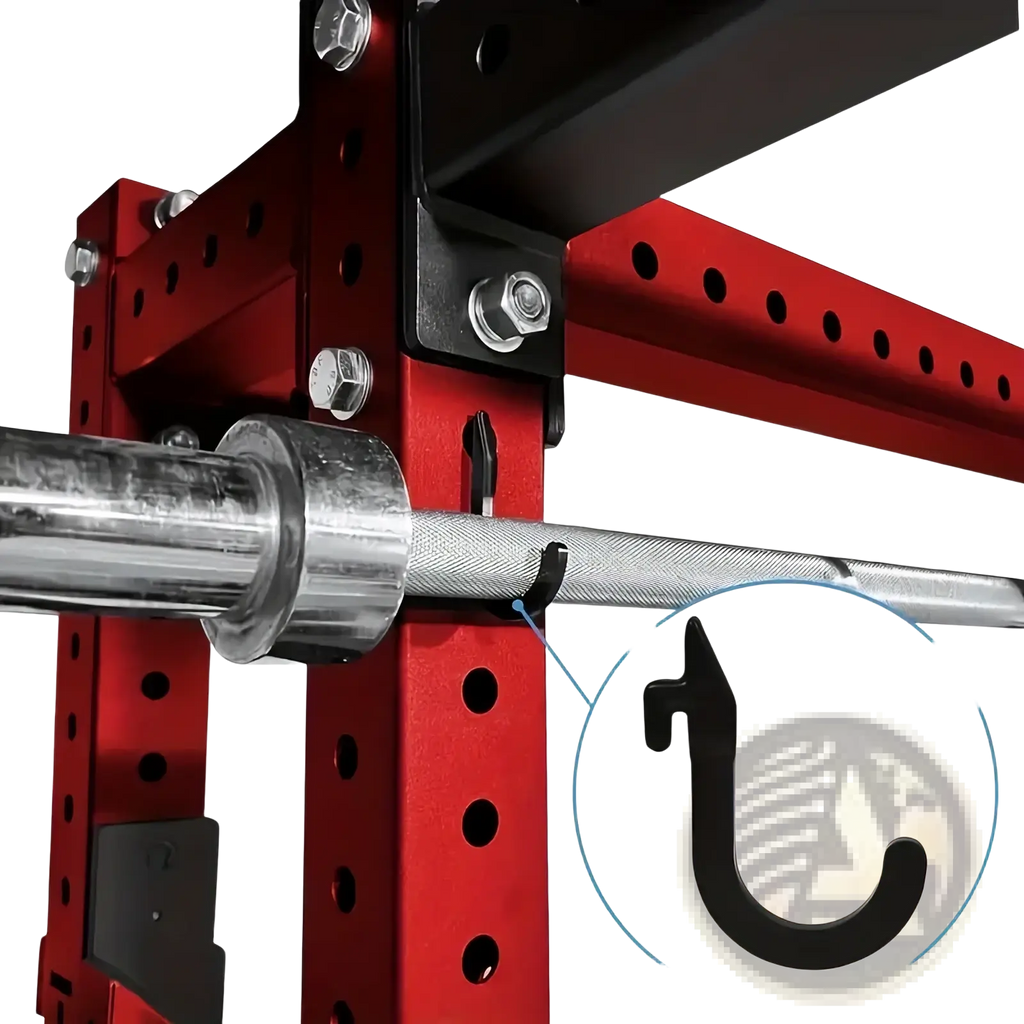 Black metal hook attached to red weight rack for barbell storage in squat rack barbell storage holder attachments