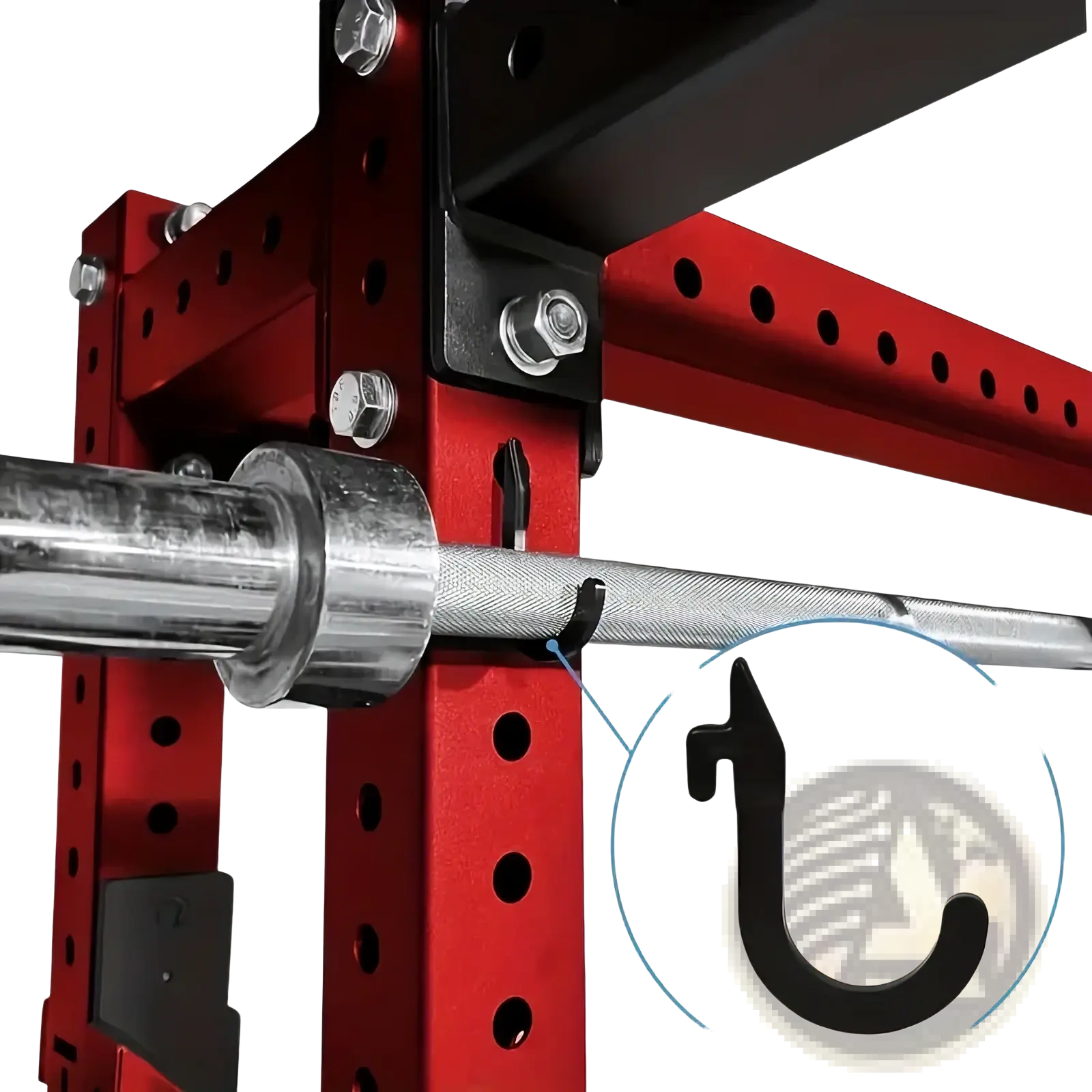 Black metal hook attached to red weight rack for barbell storage in squat rack barbell storage holder attachments