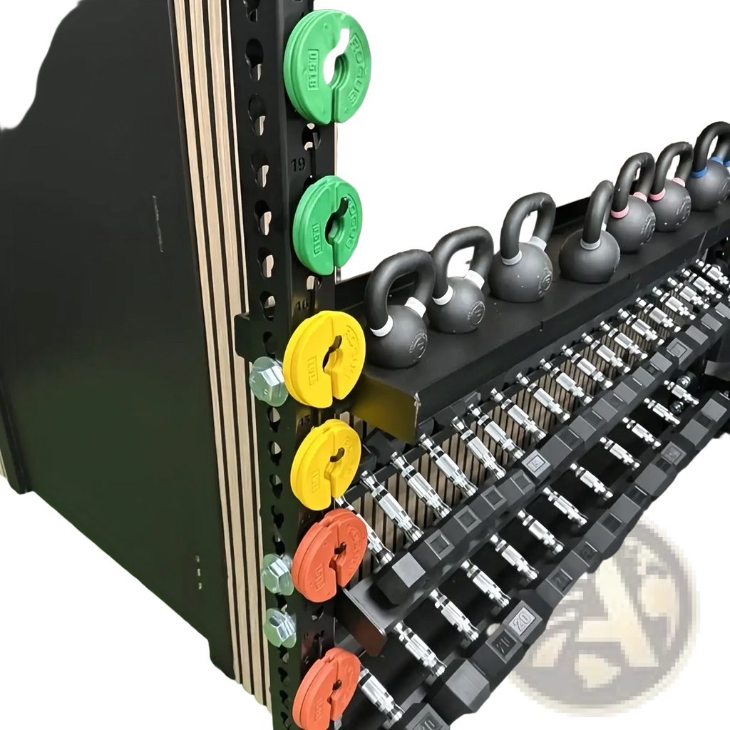 Black kettlebells with white handles neatly arranged on squat rack barbell storage holder with colorful weight plates