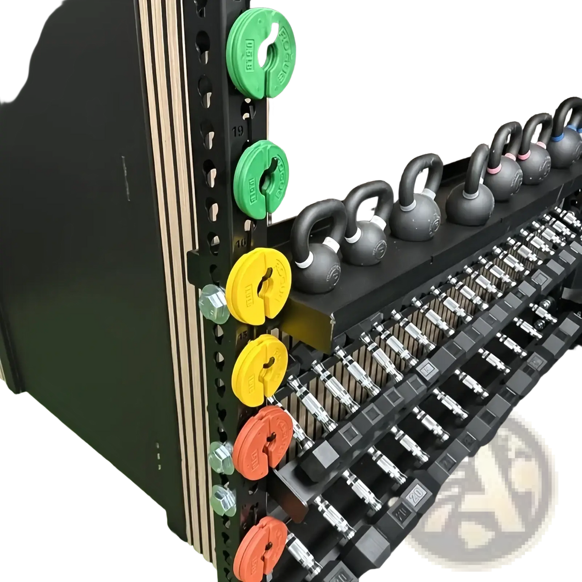 Black kettlebells with white handles neatly arranged on squat rack barbell storage holder with colorful weight plates