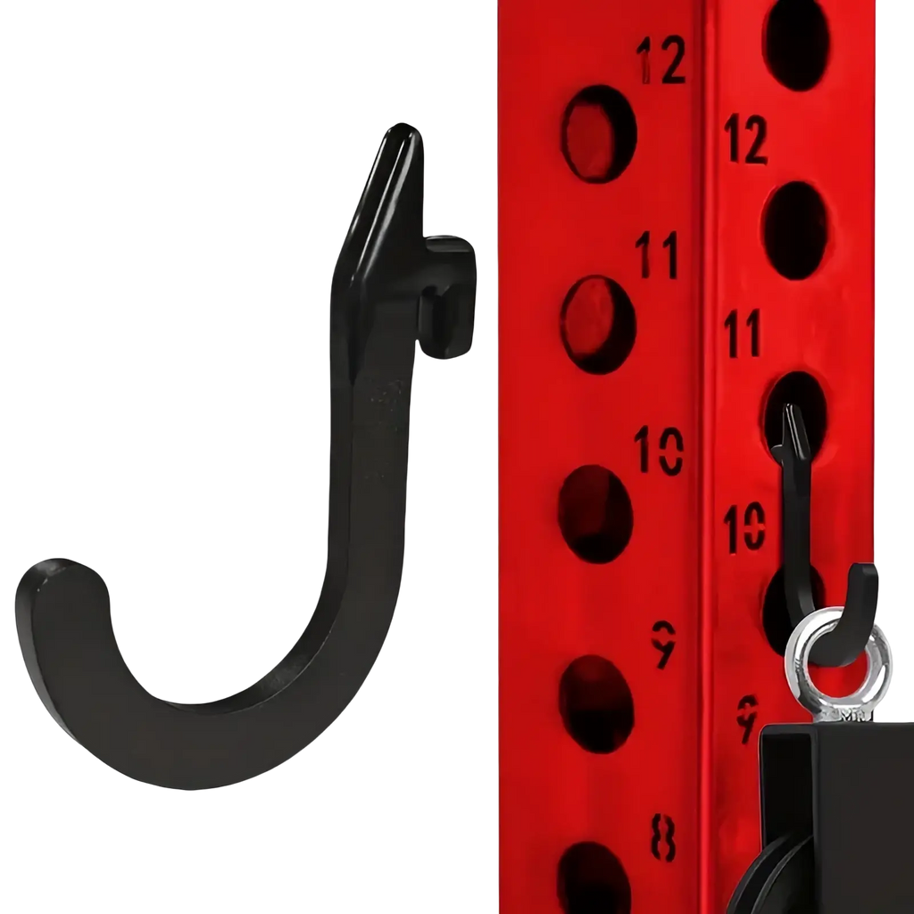 Black plastic squat rack barbell storage j-hook with sturdy curved design for secure hanging attachment