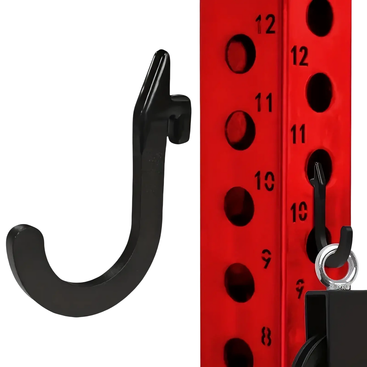 Black plastic squat rack barbell storage j-hook with sturdy curved design for secure hanging attachment