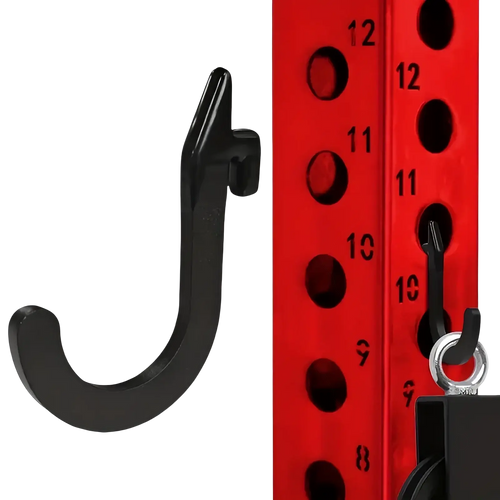 Black plastic squat rack barbell storage j-hook with sturdy curved design for secure hanging attachment
