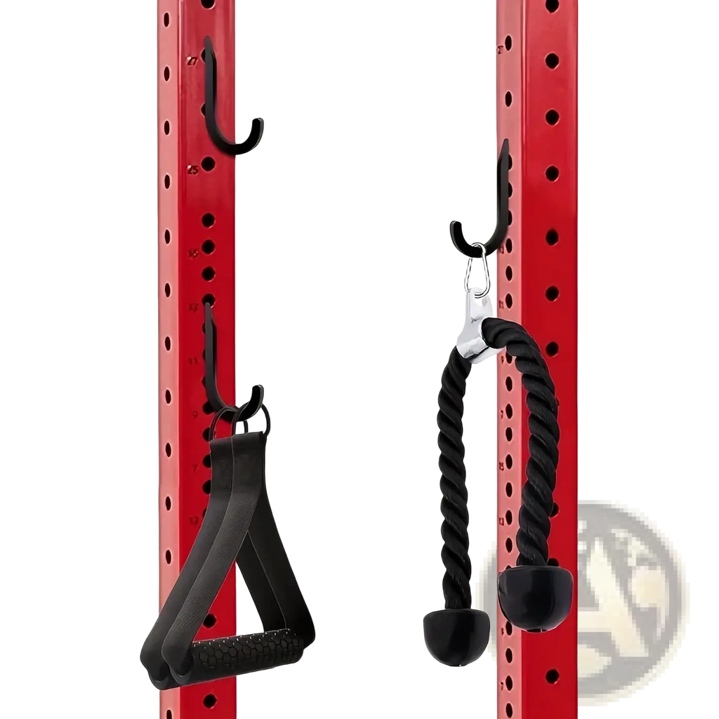 Black textured grip handles and twisted rope cable with spherical ends hanging on red squat rack barbell storage holder attachments