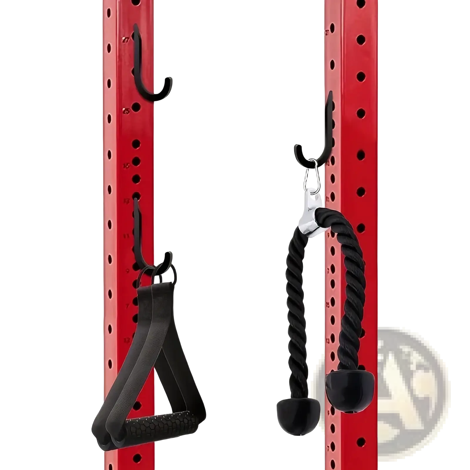 Black textured grip handles and twisted rope cable with spherical ends hanging on red squat rack barbell storage holder attachments