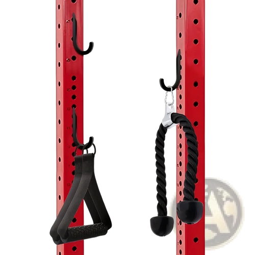 Black textured grip handles and twisted rope cable with spherical ends hanging on red squat rack barbell storage holder attachments