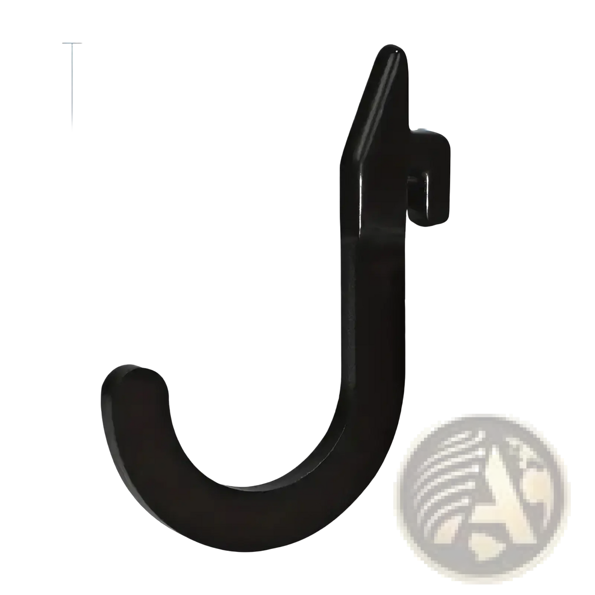 Black glossy metal squat rack storage hook with curved j-shape and mounting bracket heavy duty weight holder
