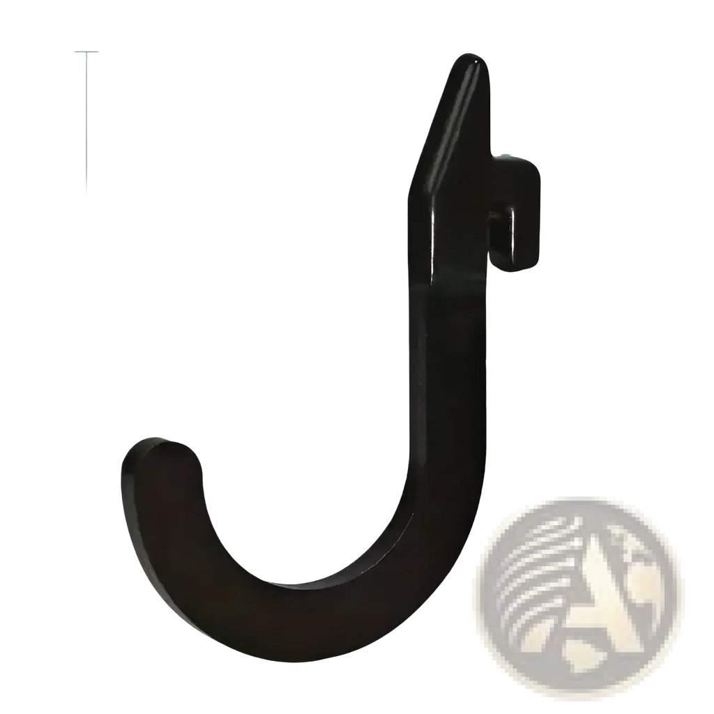 Black metal squat rack storage hook with smooth curved design and precise dimensional markings heavy duty weight holder