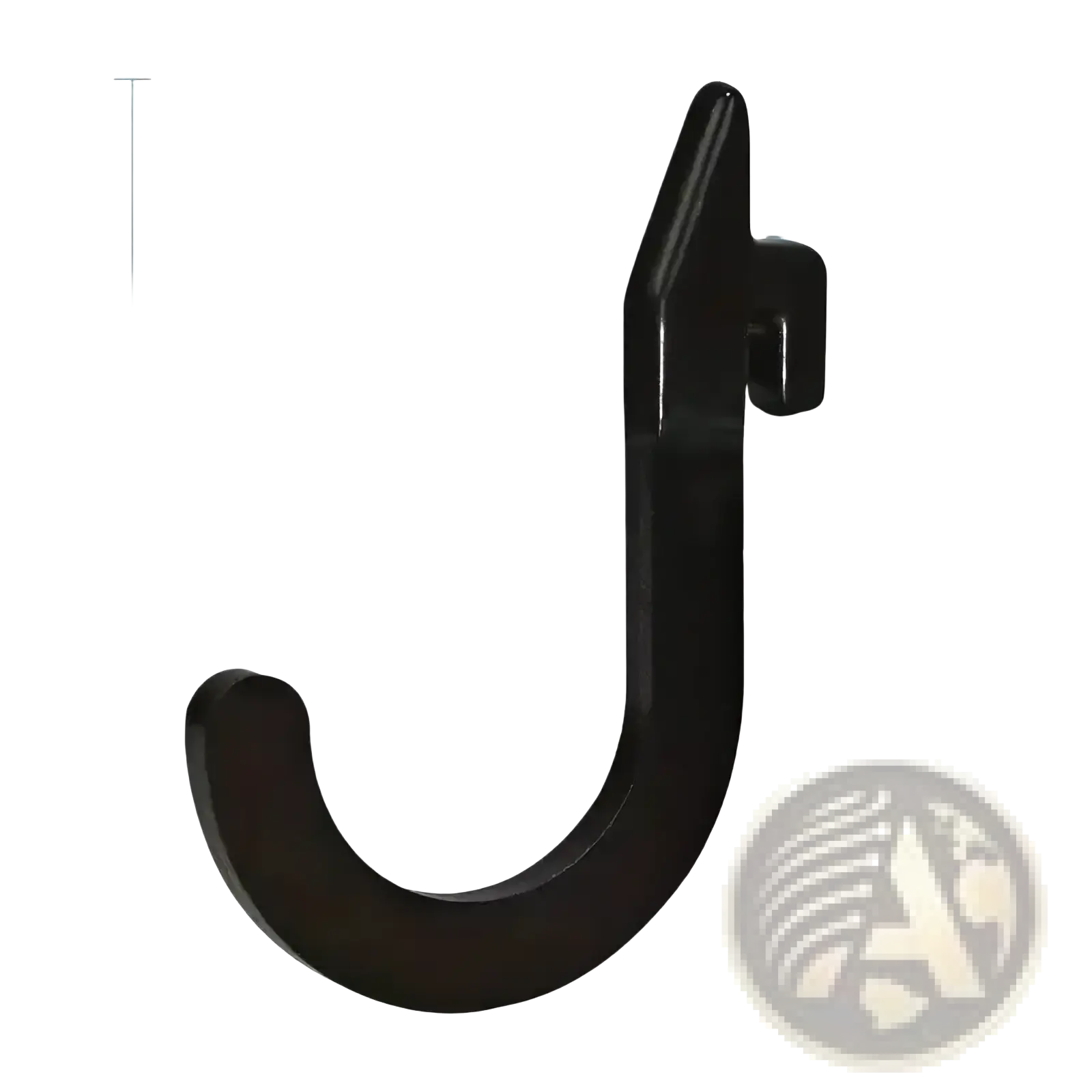 Black metal squat rack storage hook with smooth curved design and precise dimensional markings heavy duty weight holder