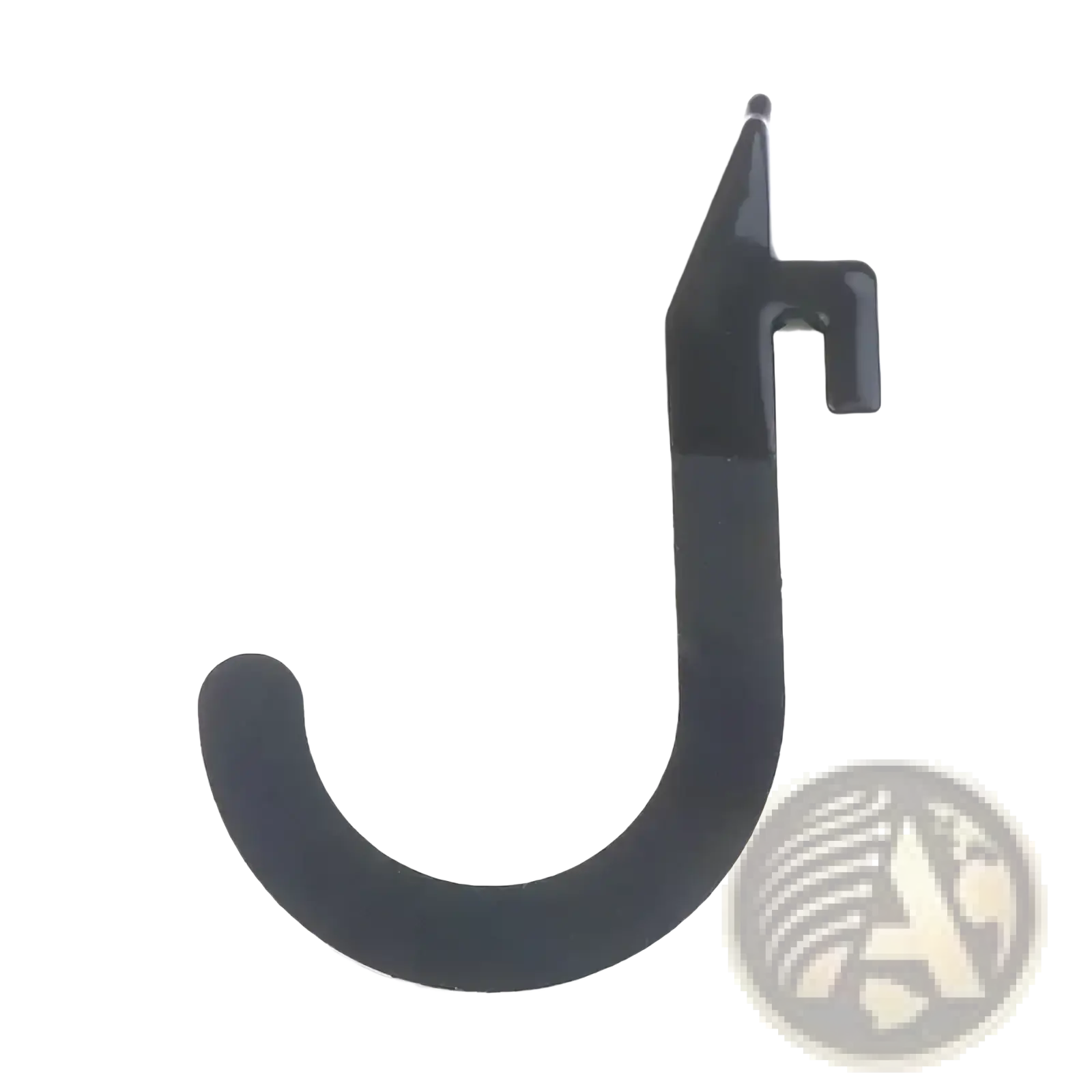 Black plastic j-shaped heavy duty squat rack storage hook with a small protruding tab for weight holding