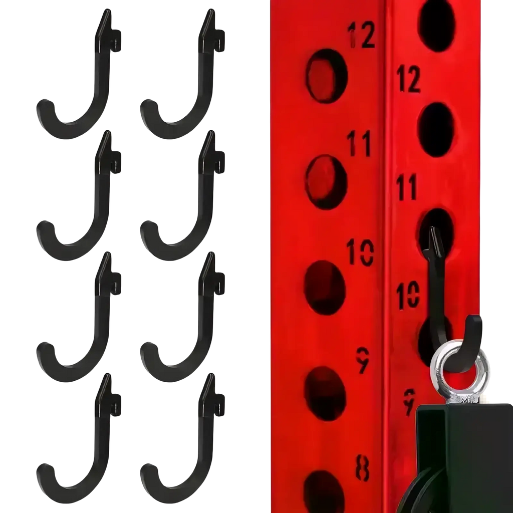 Black plastic heavy duty squat rack storage j-hooks shown in a set of six with one on a red metal rack