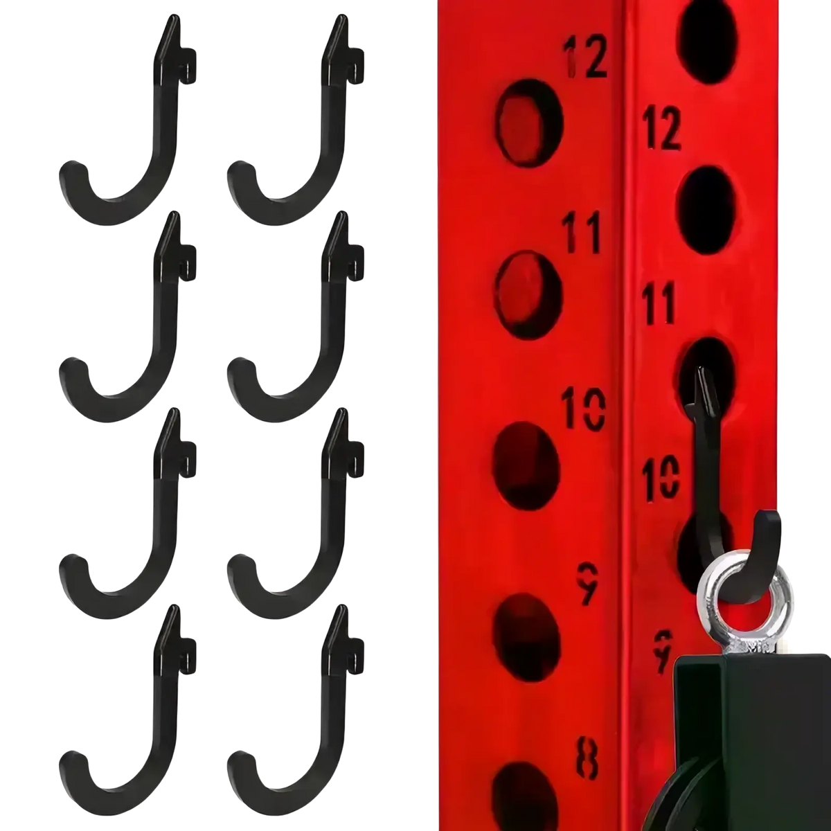 Black plastic heavy duty squat rack storage j-hooks shown in a set of six with one on a red metal rack