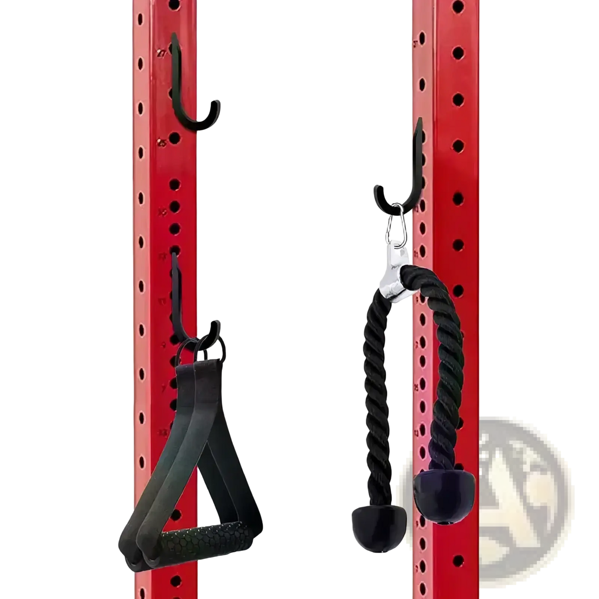 Black rubber-handled triangular pull-up bar and black twisted rope with weight hanging on heavy duty squat rack storage hooks